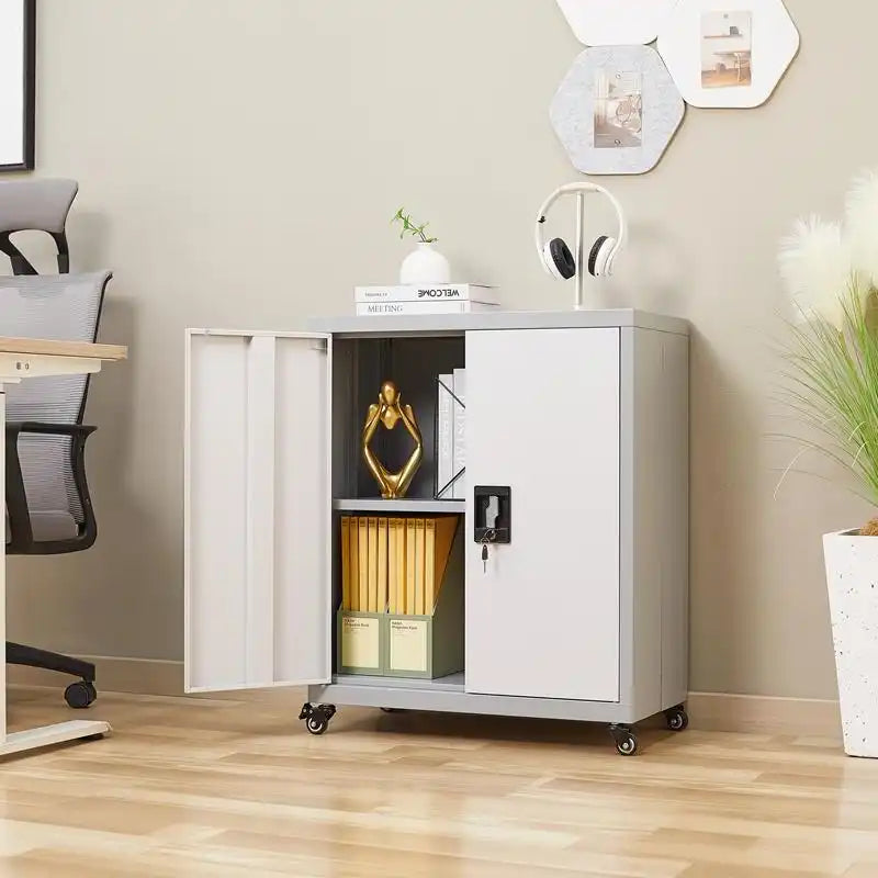 GREATMEET Metal Storage Cabinet with Wheels Suit for Home Office,Metal Cabinet with 1 Adjustable Shelf for Files