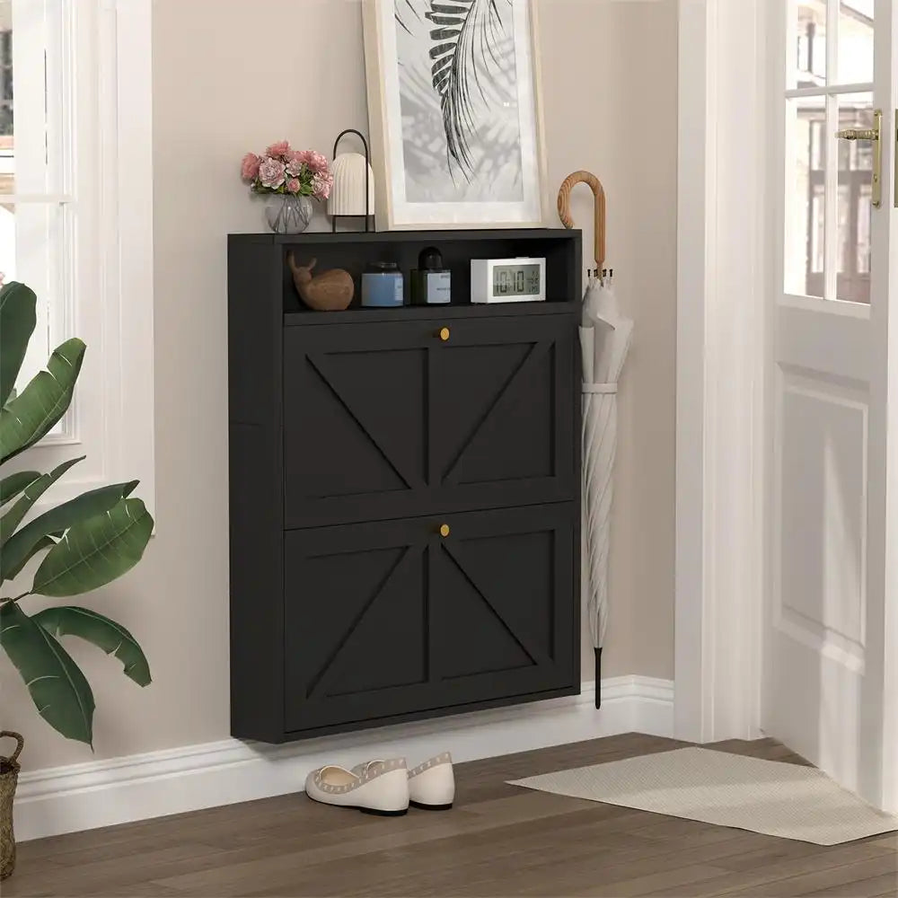 Shoe Cabinet with 2 Flip Drawers, Narrow Shoe Storage Organizer for Entryway and Hallway, Space-Saving Freestanding Shoe Rack
