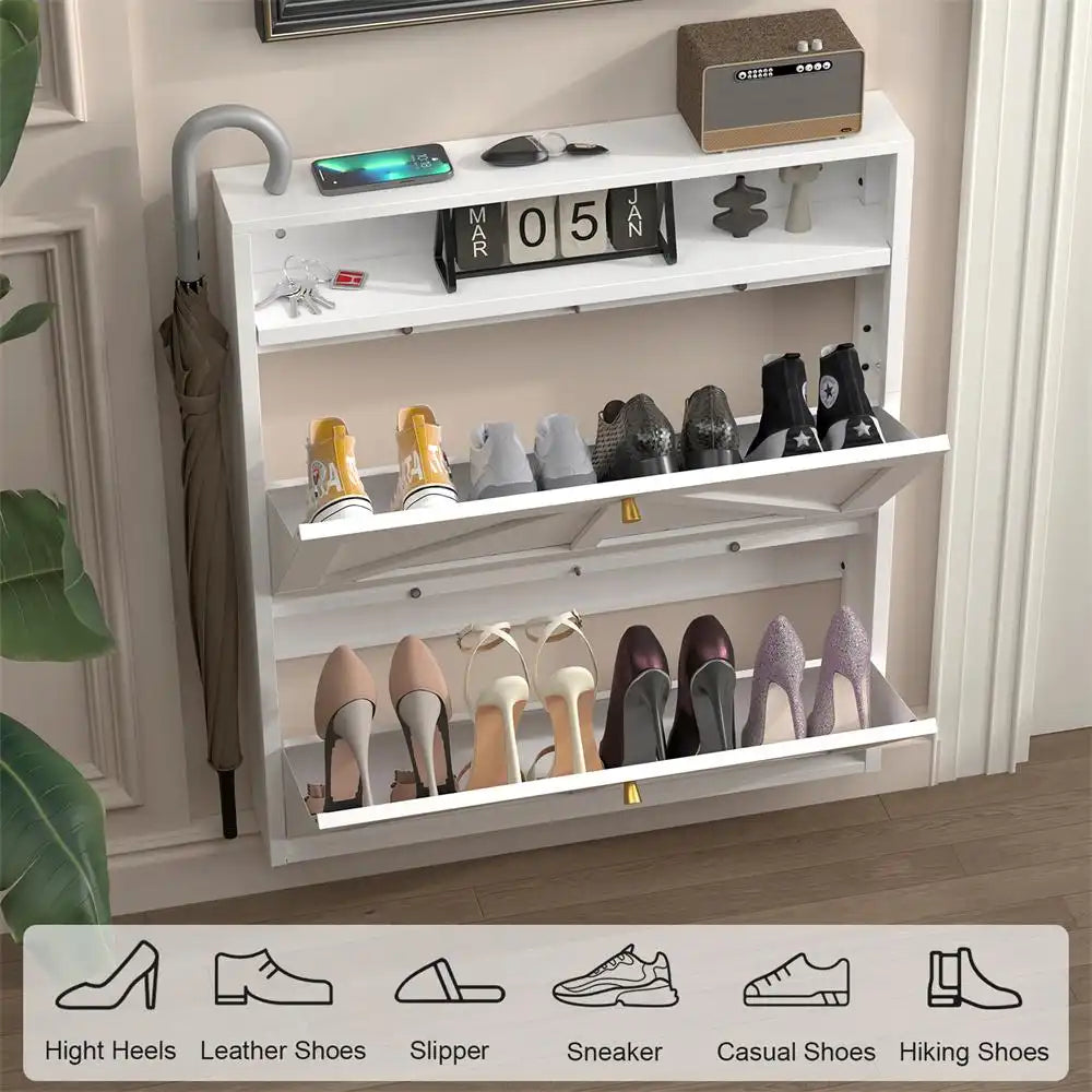 Shoe Cabinet with 2 Flip Drawers, Narrow Shoe Storage Organizer for Entryway and Hallway, Space-Saving Freestanding Shoe Rack