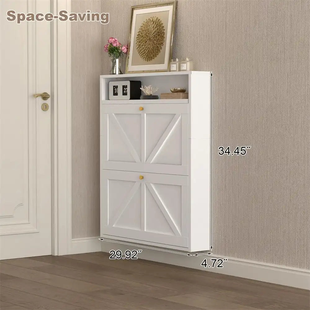 Shoe Cabinet with 2 Flip Drawers, Narrow Shoe Storage Organizer for Entryway and Hallway, Space-Saving Freestanding Shoe Rack