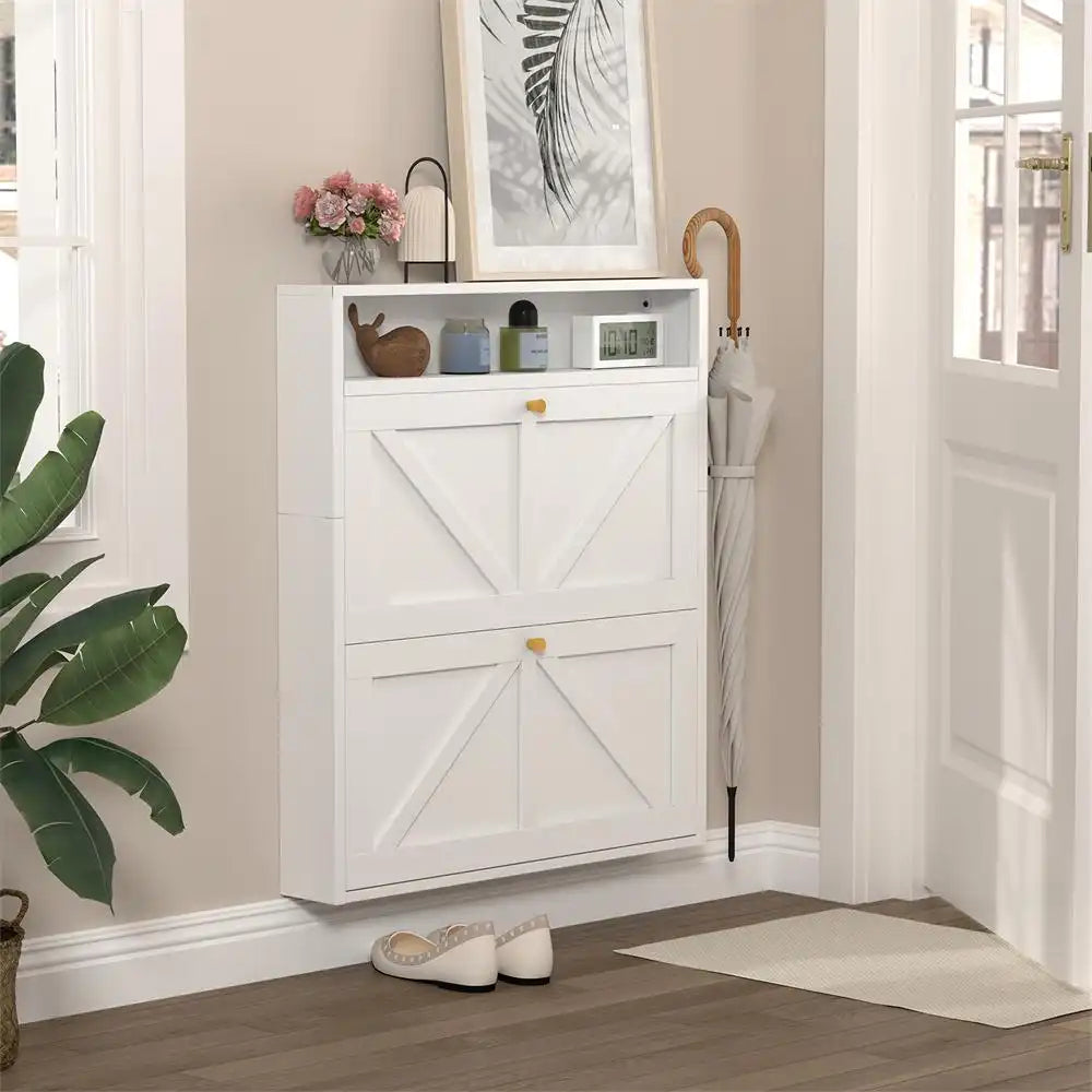 Shoe Cabinet with 2 Flip Drawers, Narrow Shoe Storage Organizer for Entryway and Hallway, Space-Saving Freestanding Shoe Rack