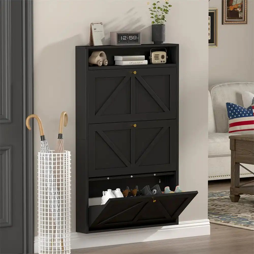 Shoe Cabinet with 2 Flip Drawers, Narrow Shoe Storage Organizer for Entryway and Hallway, Space-Saving Freestanding Shoe Rack