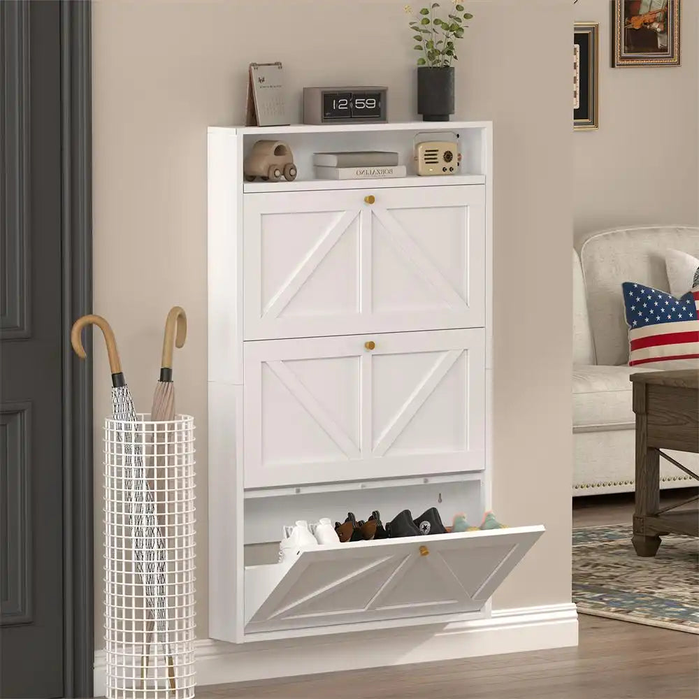 Shoe Cabinet with 2 Flip Drawers, Narrow Shoe Storage Organizer for Entryway and Hallway, Space-Saving Freestanding Shoe Rack