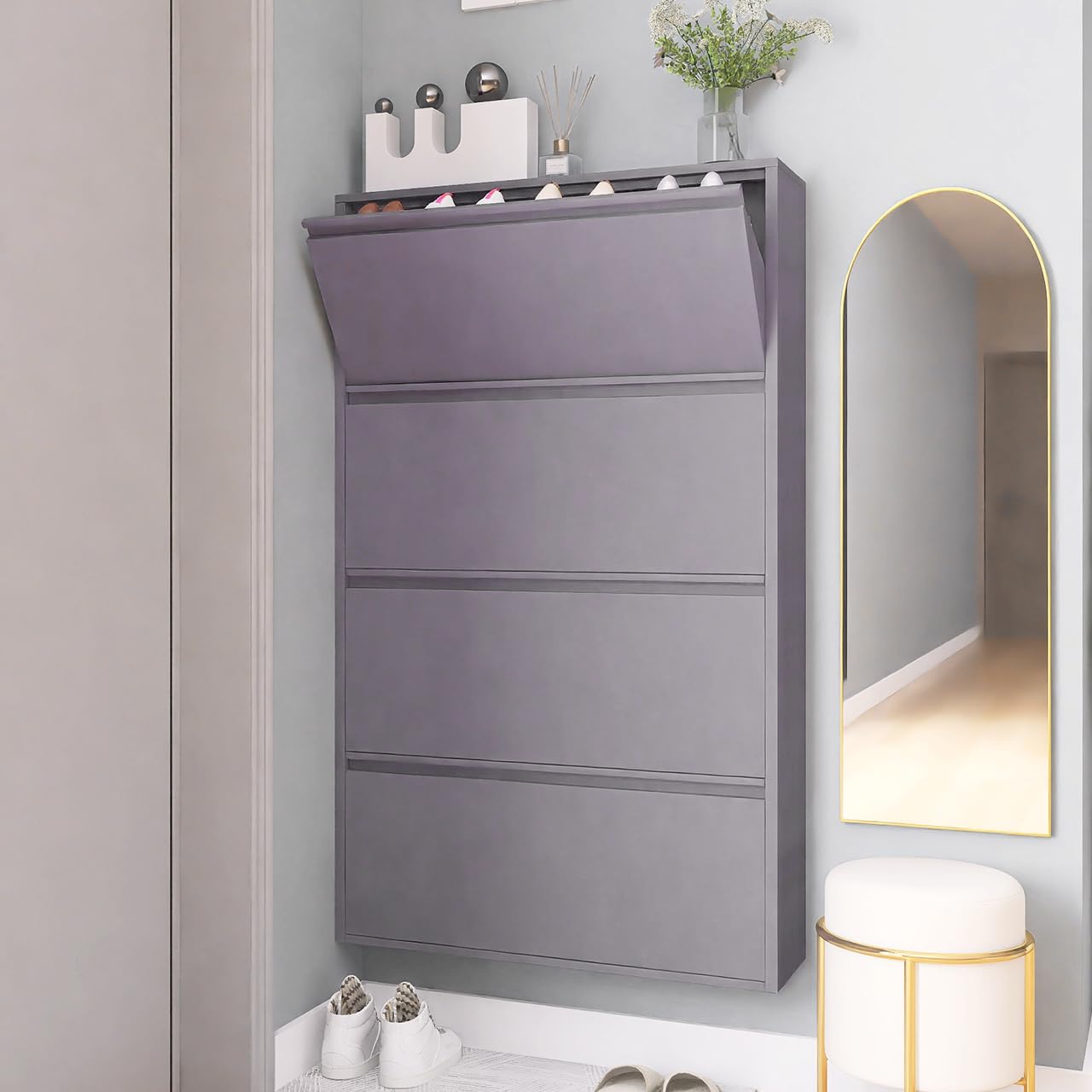 GREATMEET Shoe Storage Cabinet with 3 Flip Drawers, Wall Mount Metal Shoe Organizer for Entryway, Flip Drawer Steel Shoe Rack Cabinet for Indoor Shoe Storage