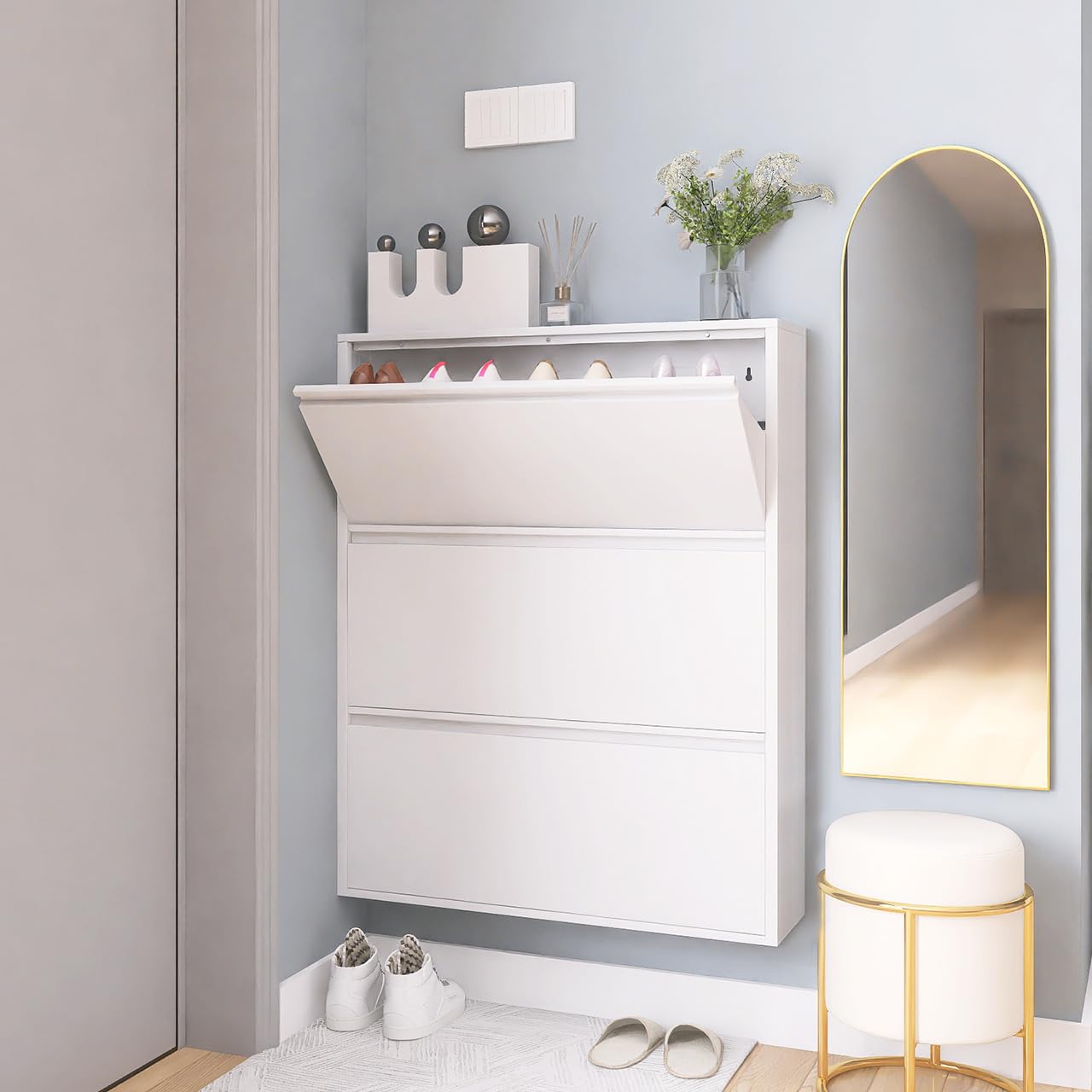 GREATMEET Shoe Storage Cabinet with 3 Flip Drawers, Wall Mount Metal Shoe Organizer for Entryway, Flip Drawer Steel Shoe Rack Cabinet for Indoor Shoe Storage