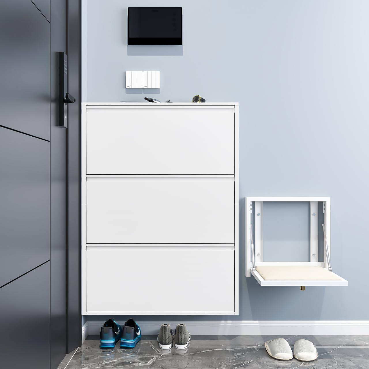GREATMEET Shoe Storage Cabinet with 3 Flip Drawers, Wall Mount Metal Shoe Organizer for Entryway, Flip Drawer Steel Shoe Rack Cabinet for Indoor Shoe Storage