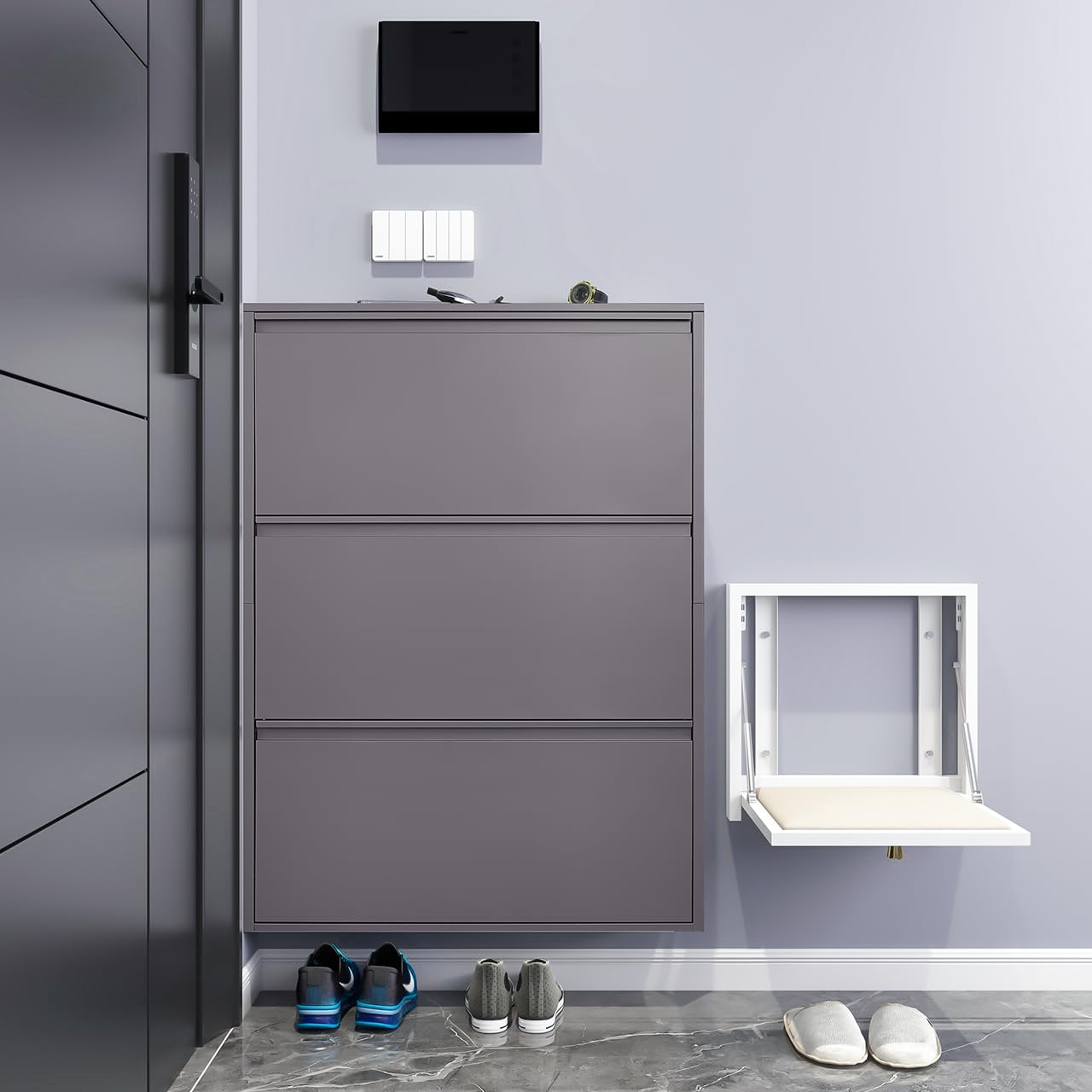 GREATMEET Shoe Storage Cabinet with 3 Flip Drawers, Wall Mount Metal Shoe Organizer for Entryway, Flip Drawer Steel Shoe Rack Cabinet for Indoor Shoe Storage