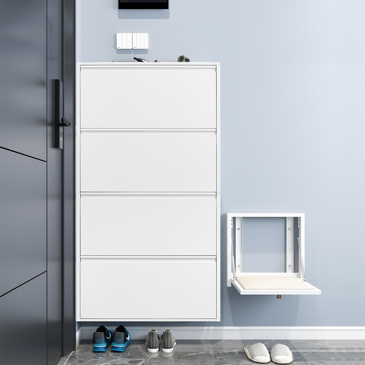 GREATMEET Shoe Storage Cabinet with 3 Flip Drawers, Wall Mount Metal Shoe Organizer for Entryway, Flip Drawer Steel Shoe Rack Cabinet for Indoor Shoe Storage