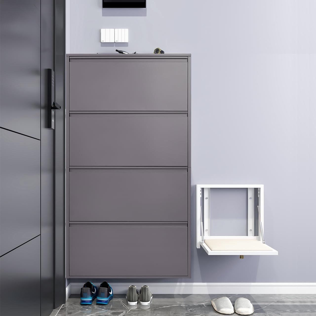 GREATMEET Shoe Storage Cabinet with 3 Flip Drawers, Wall Mount Metal Shoe Organizer for Entryway, Flip Drawer Steel Shoe Rack Cabinet for Indoor Shoe Storage