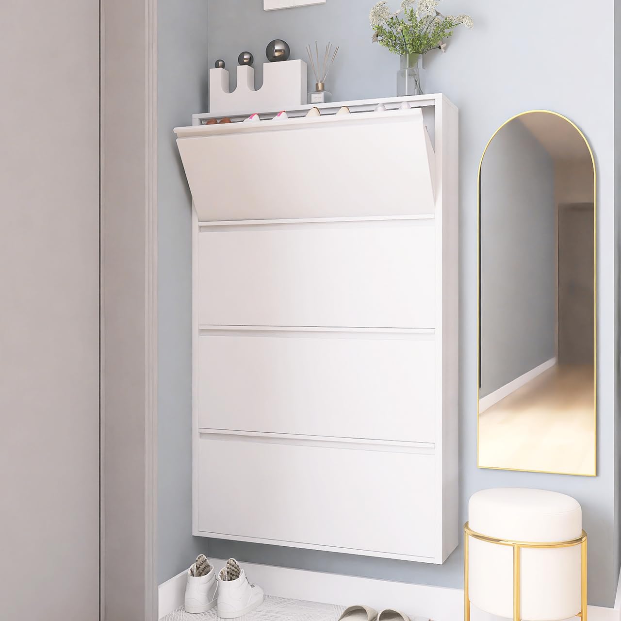 GREATMEET Shoe Storage Cabinet with 3 Flip Drawers, Wall Mount Metal Shoe Organizer for Entryway, Flip Drawer Steel Shoe Rack Cabinet for Indoor Shoe Storage