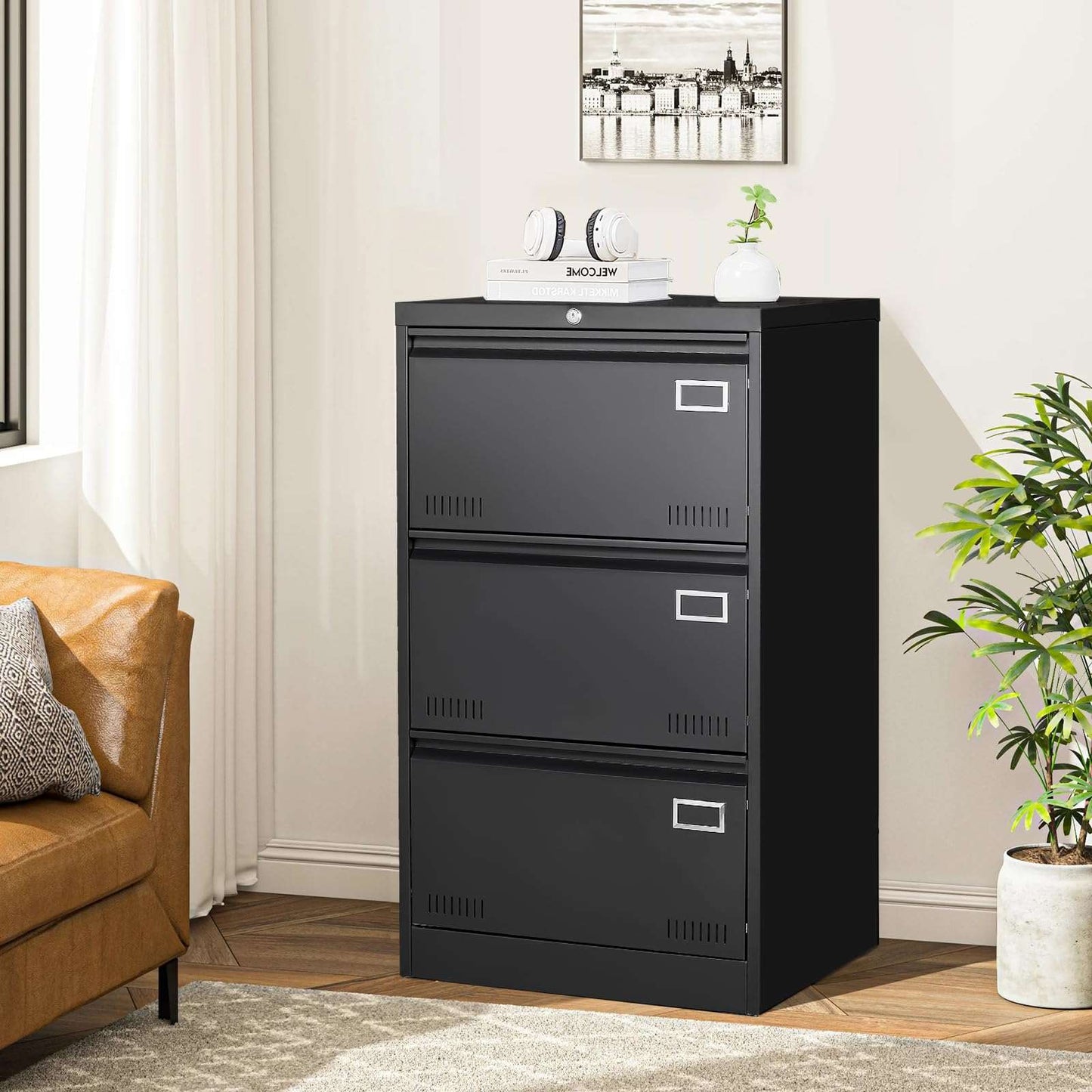 GREATMEET 2 Drawer Lateral File Cabinet,Metal Filing Cabinet with Lock,Locking Storage File Cabinet for Hanging Files,Office Lateral File Cabinets for Letter/Legal/F4/A4 Size,Black-2Drawer