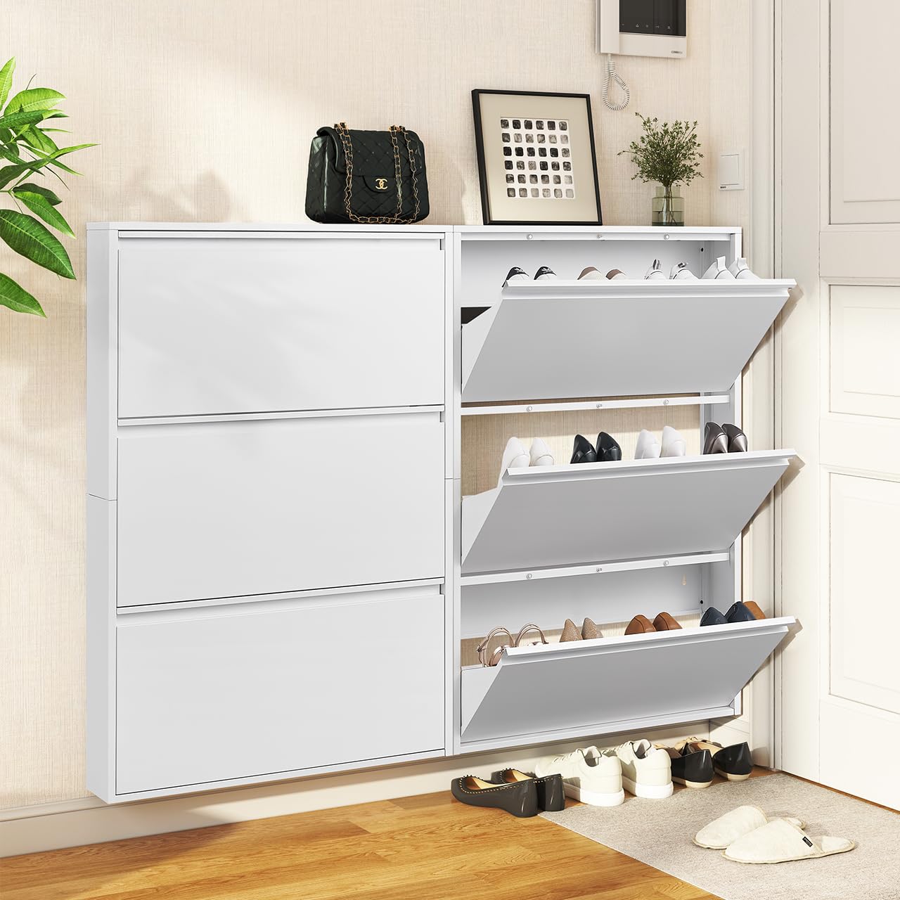 GREATMEET Shoe Storage Cabinet with 3 Flip Drawers, Wall Mount Metal Shoe Organizer for Entryway, Flip Drawer Steel Shoe Rack Cabinet for Indoor Shoe Storage