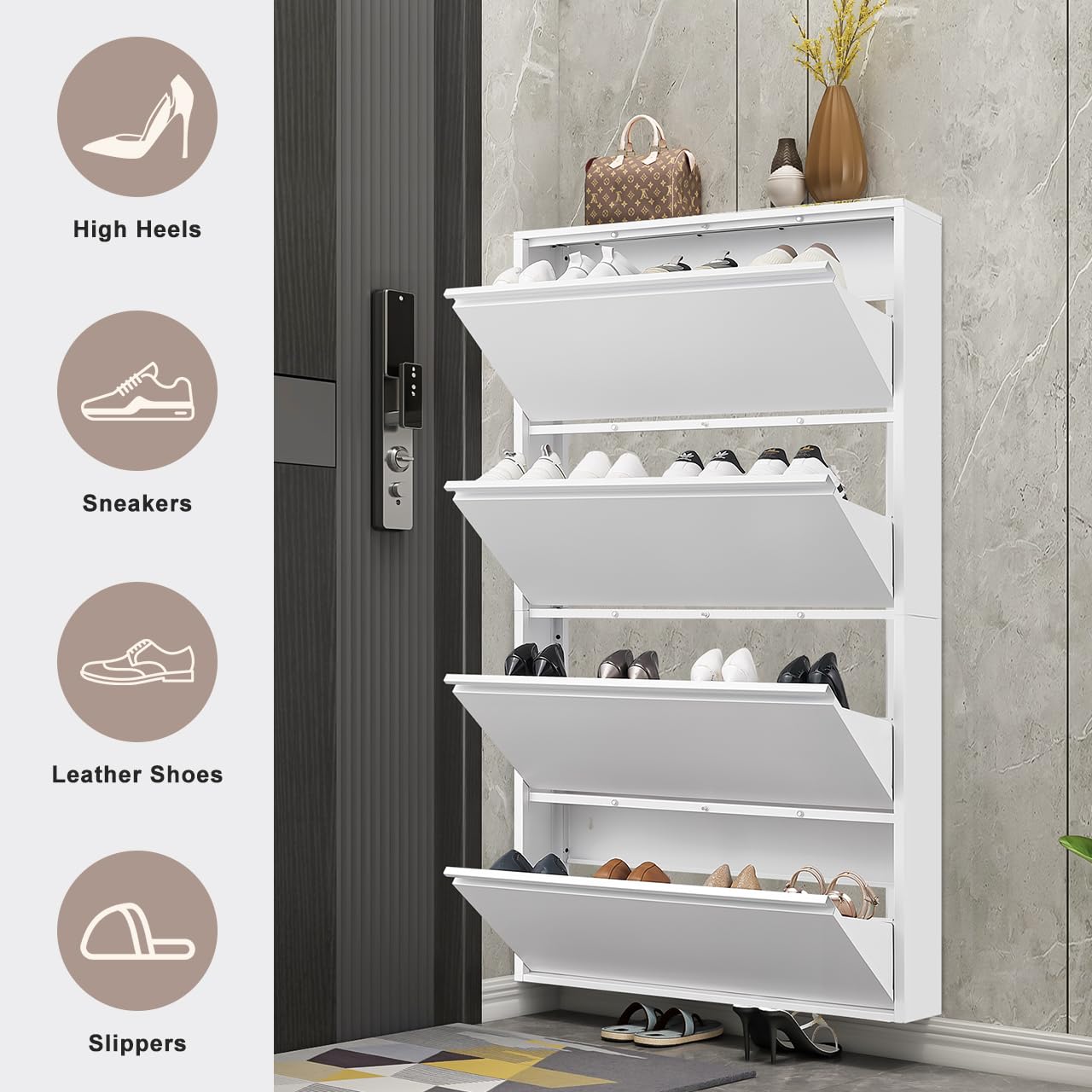 GREATMEET Shoe Storage Cabinet with 3 Flip Drawers, Wall Mount Metal Shoe Organizer for Entryway, Flip Drawer Steel Shoe Rack Cabinet for Indoor Shoe Storage