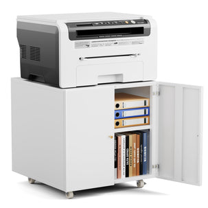 GREATMEET Metal Printer Stand with Storage Mobile Printer Tables for Small Spaces with Door Adjustable Shelf White File Cabinet on Wheels for Home Office