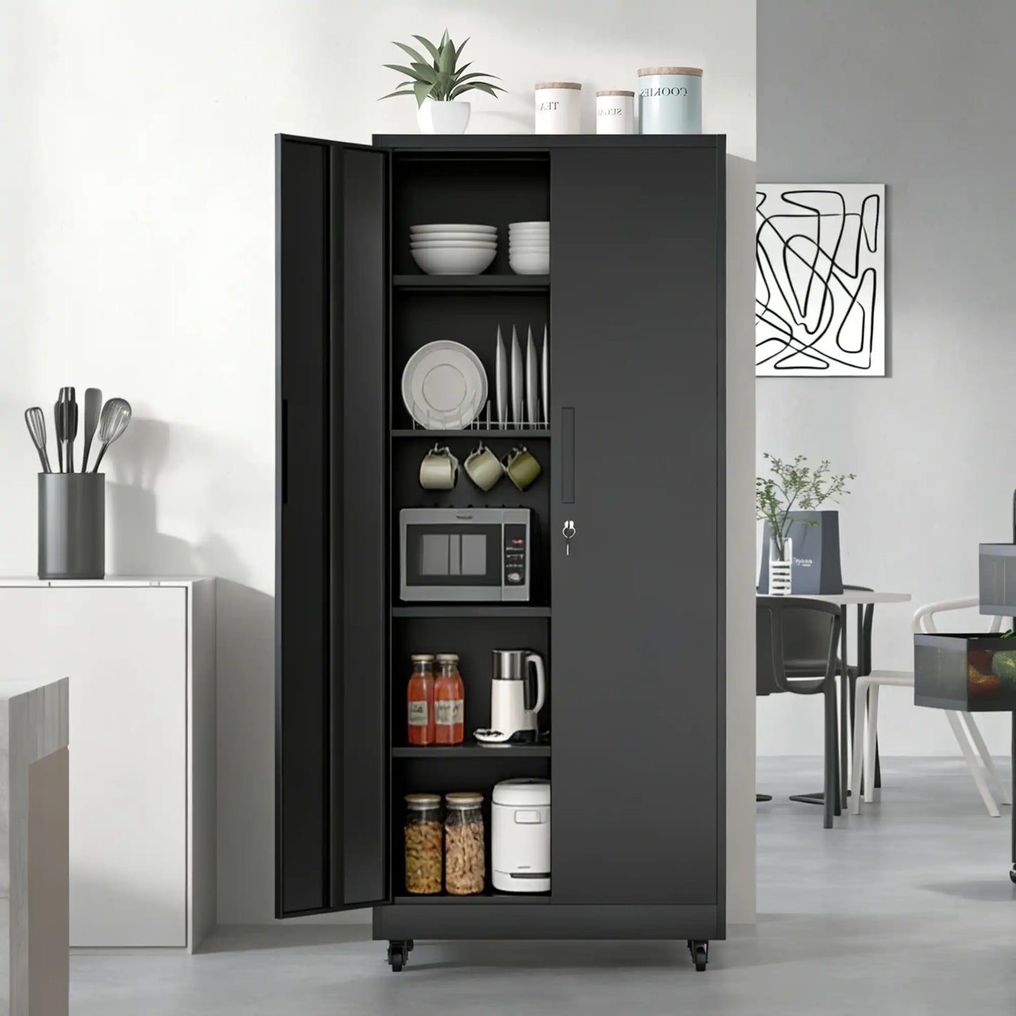 Greatmeet 71" H Metal Garage Storage Cabinet with Wheels and Lock, Heavy Duty Rolling Tool Cabinet with 4 Adjustable Shelves (180 lbs Each), 3 Point Locking Security for Garage, Workshop, Office, Black