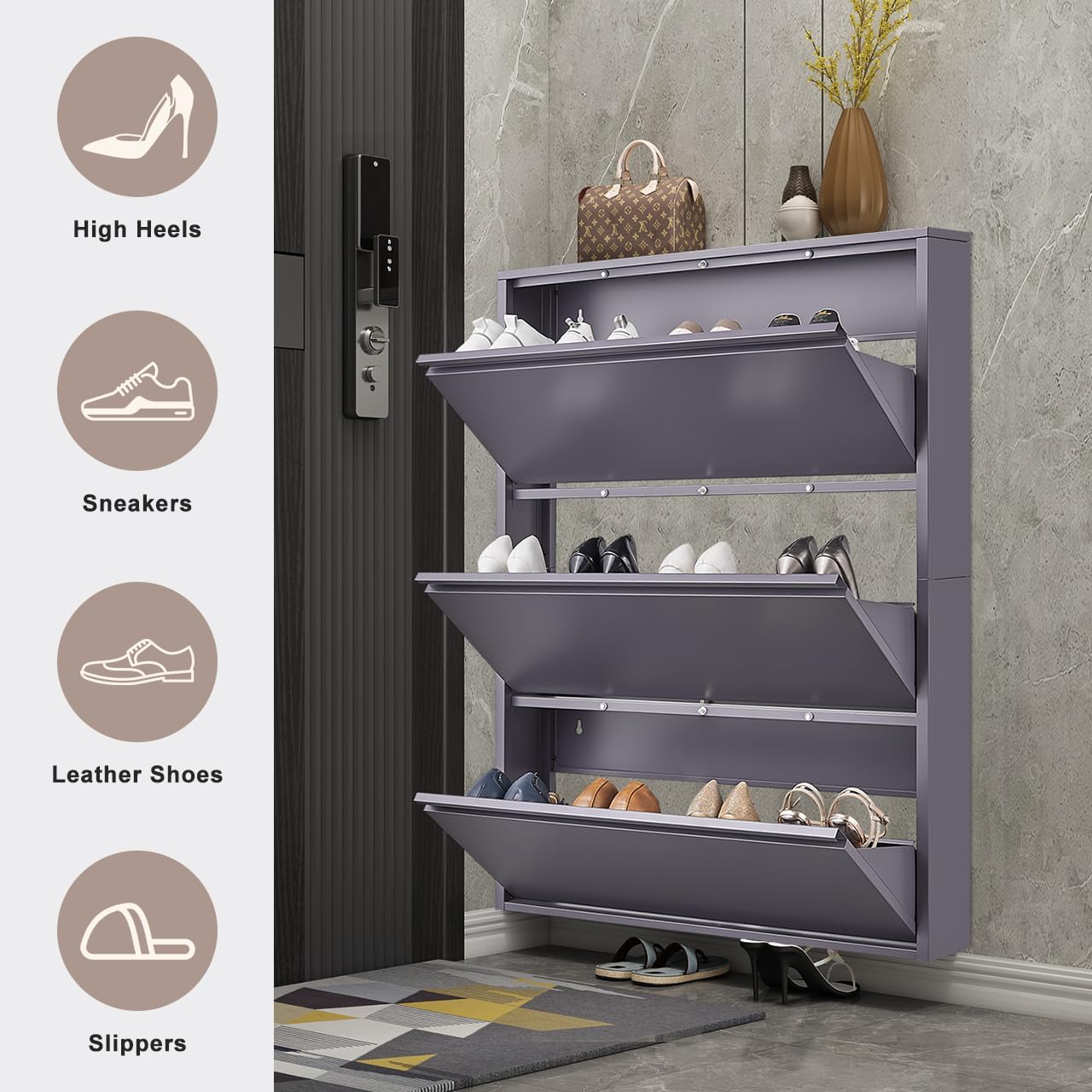 GREATMEET Shoe Storage Cabinet with 3 Flip Drawers, Wall Mount Metal Shoe Organizer for Entryway, Flip Drawer Steel Shoe Rack Cabinet for Indoor Shoe Storage