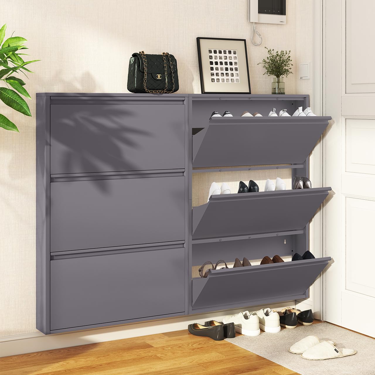 GREATMEET Shoe Storage Cabinet with 3 Flip Drawers, Wall Mount Metal Shoe Organizer for Entryway, Flip Drawer Steel Shoe Rack Cabinet for Indoor Shoe Storage