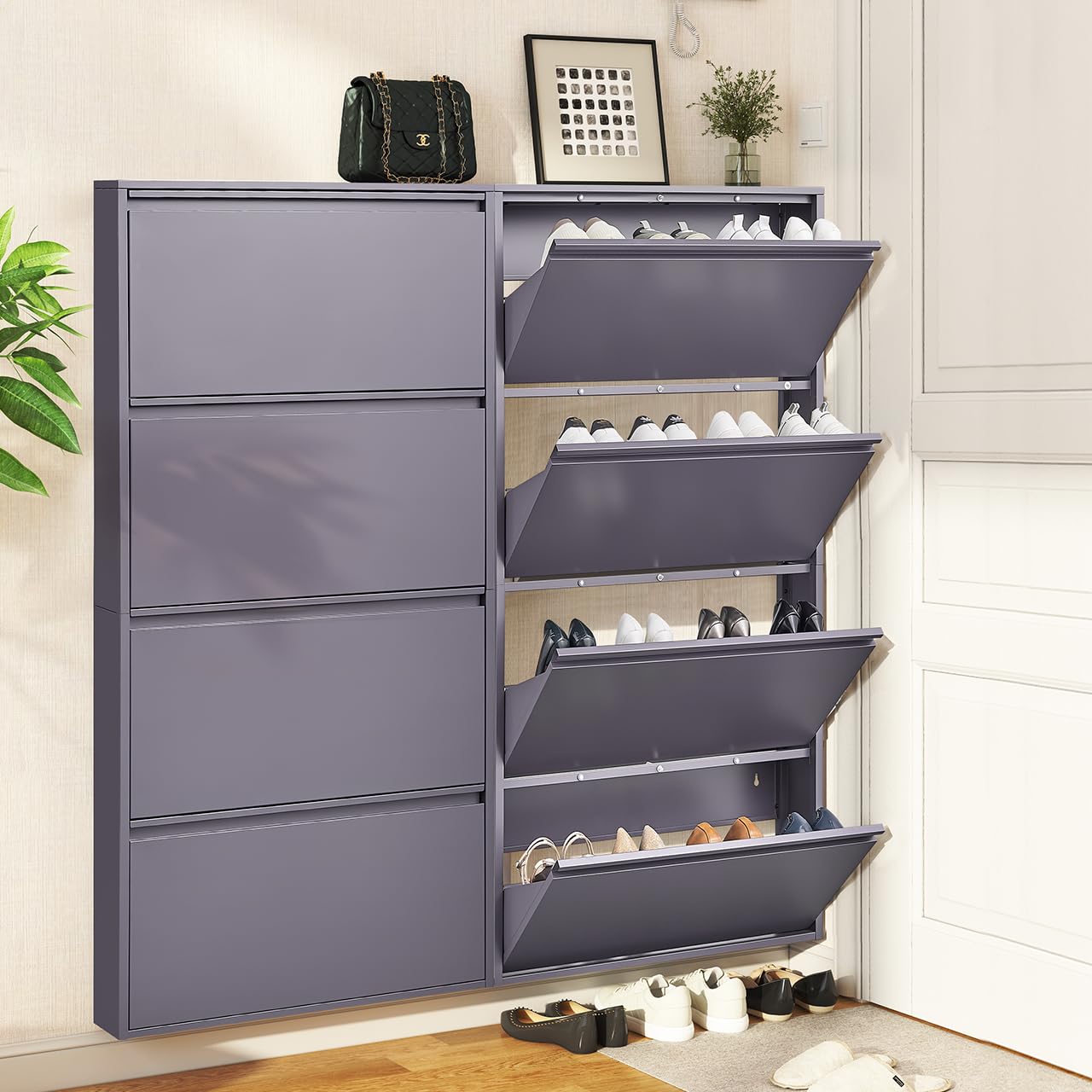 GREATMEET Shoe Storage Cabinet with 3 Flip Drawers, Wall Mount Metal Shoe Organizer for Entryway, Flip Drawer Steel Shoe Rack Cabinet for Indoor Shoe Storage