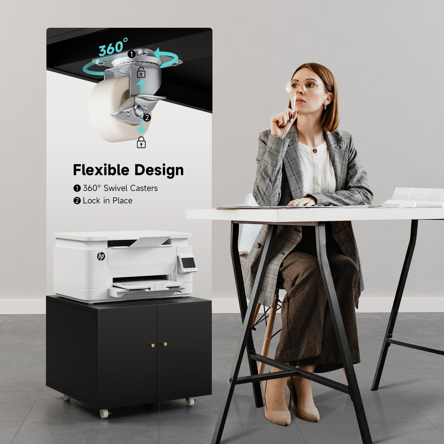 GREATMEET Metal Printer Stand with Storage Mobile Printer Tables for Small Spaces with Door Adjustable Shelf White File Cabinet on Wheels for Home Office