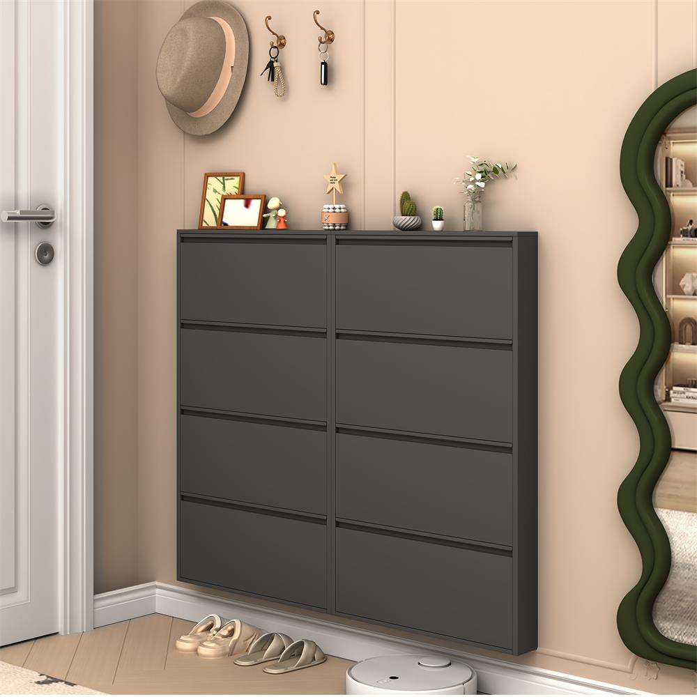 GREATMEET Shoe Storage Cabinet with 3 Flip Drawers, Wall Mount Metal Shoe Organizer for Entryway, Flip Drawer Steel Shoe Rack Cabinet for Indoor Shoe Storage