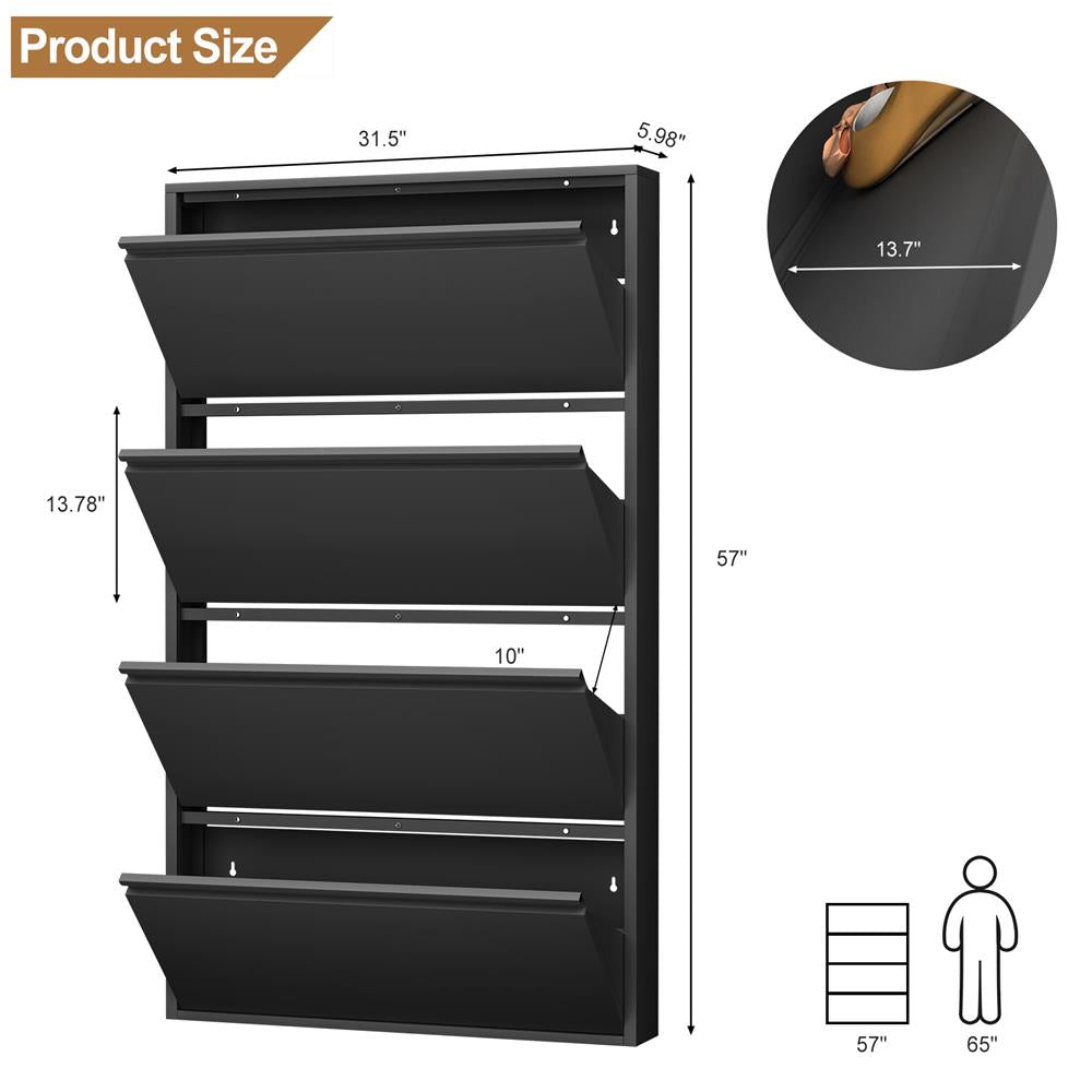 GREATMEET Shoe Storage Cabinet with 3 Flip Drawers, Wall Mount Metal Shoe Organizer for Entryway, Flip Drawer Steel Shoe Rack Cabinet for Indoor Shoe Storage