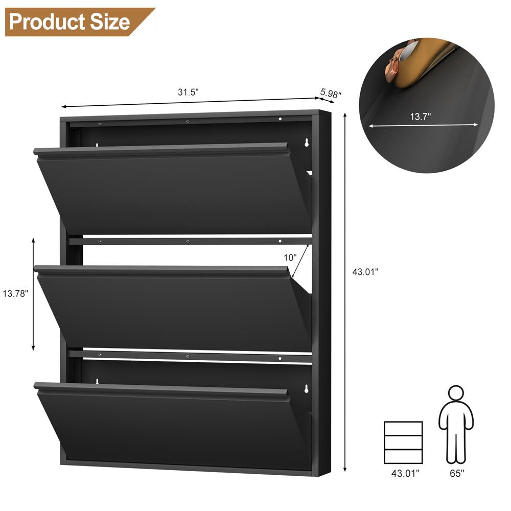 GREATMEET Shoe Storage Cabinet with 3 Flip Drawers, Wall Mount Metal Shoe Organizer for Entryway, Flip Drawer Steel Shoe Rack Cabinet for Indoor Shoe Storage
