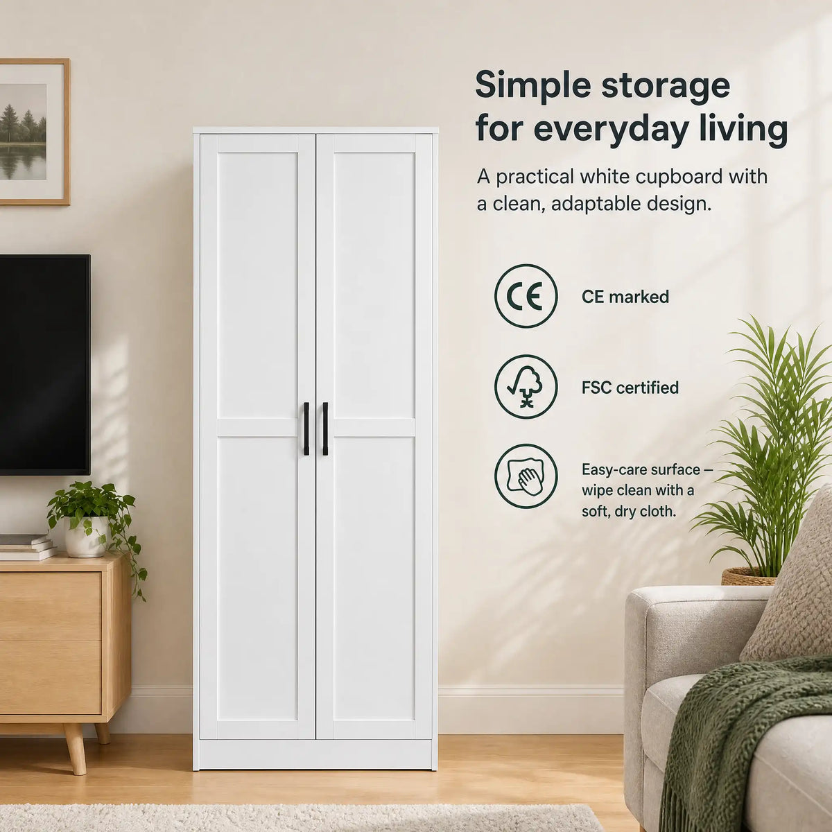 Greatmeet 30" W Tall White Wooden Storage Cabinet with Doors and Shelves, 71" H Freestanding Pantry Cupboard