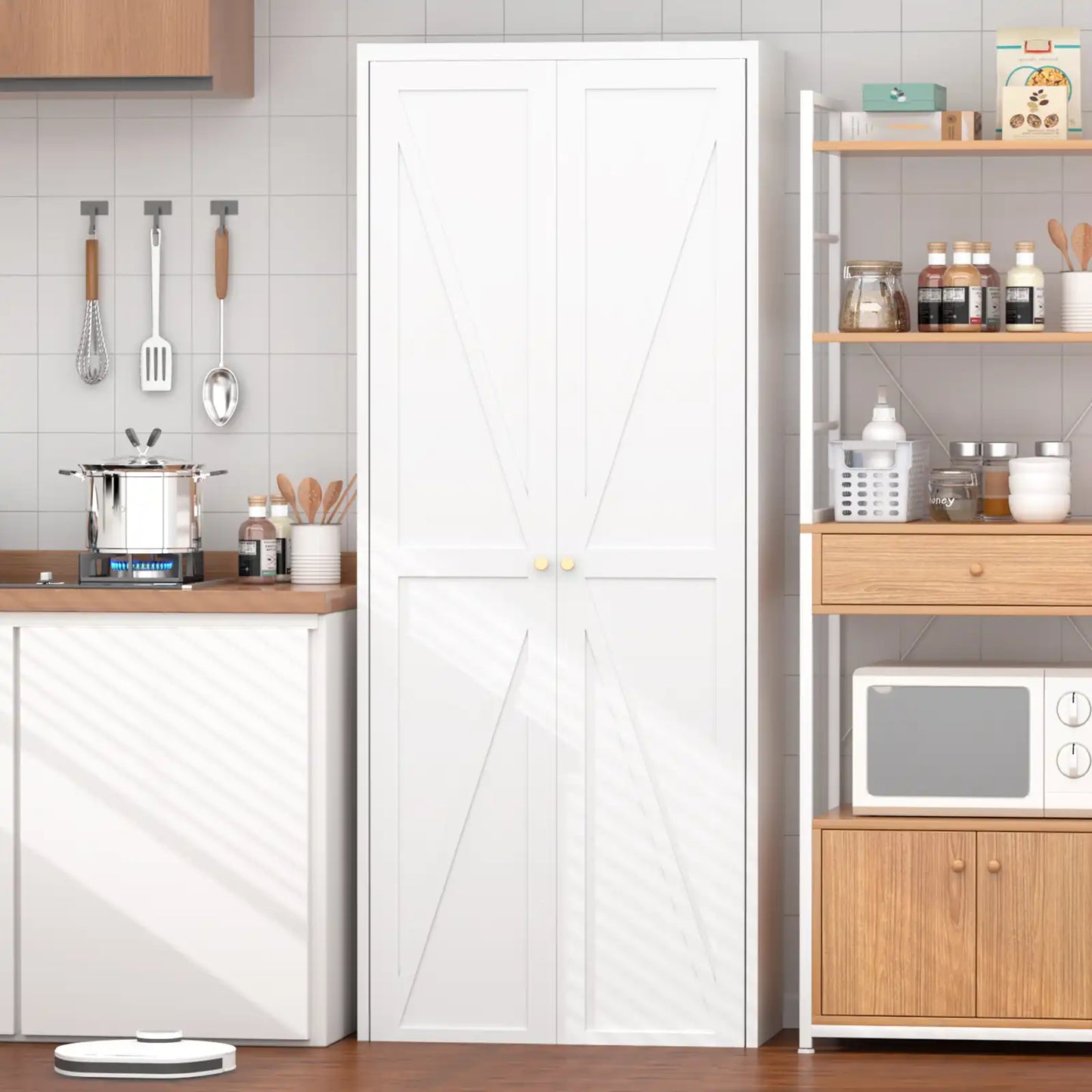 Greatmeet Metal Kitchen Pantry Storage Cabinet with 2 Doors & Adjustable Shelves, Tall Cupboard for Kitchen, Dining Room, Bathroom & Living Room