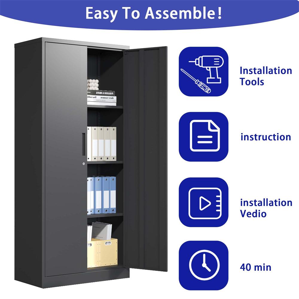 GREATMEET Metal Garage Cabinets,71" Lockable Metal Storage Cabinet with 2 Doors and 4 Adjustable Shelves,Black Steel Cabinet for Garage Office School Home Storage