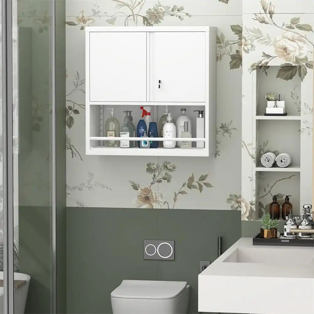 Wall Mounted Metal Storage Cabinet with Doors and Open Bottom Shelves Bathroom #white