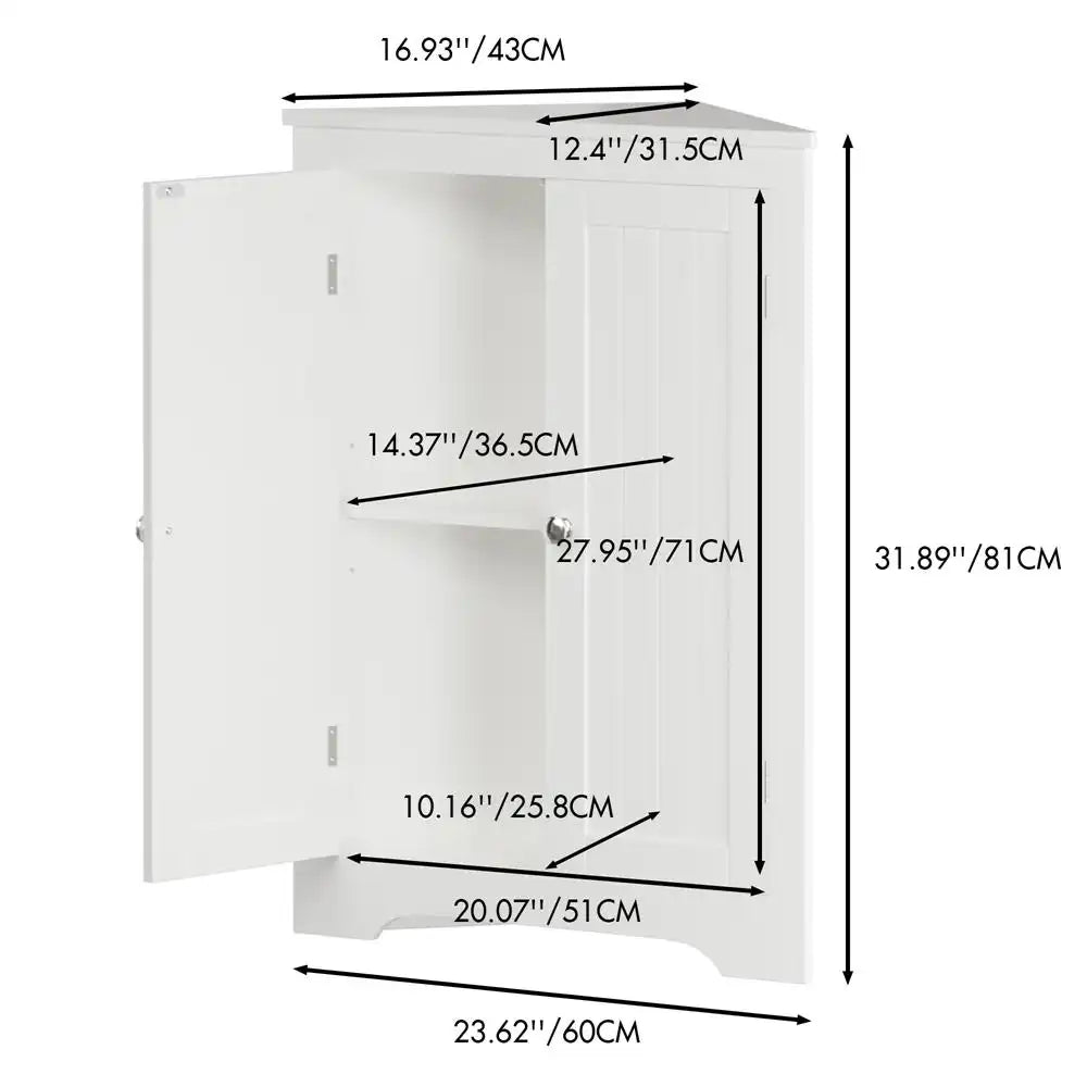 White Corner Storage Cabinet with Double Doors – Compact Floor Cabinet for Bathroom, Living Room or Entryway