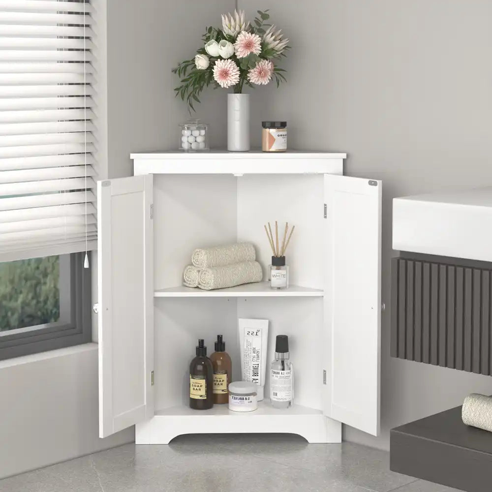 White Corner Storage Cabinet with Double Doors – Compact Floor Cabinet for Bathroom, Living Room or Entryway