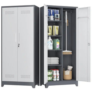 GREATMEET Broom Closet Storage Cabinet with Locking Doors, Metal Storage Cabinet with Hanging Rod,Garage Storage Cabinet with Hook,Cleaning Tool Cabinet