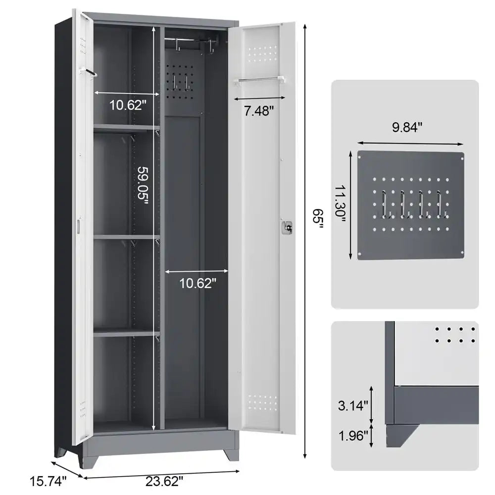 GREATMEET Broom Closet Storage Cabinet with Locking Doors, Metal Storage Cabinet with Hanging Rod,Garage Storage Cabinet with Hook,Cleaning Tool Cabinet