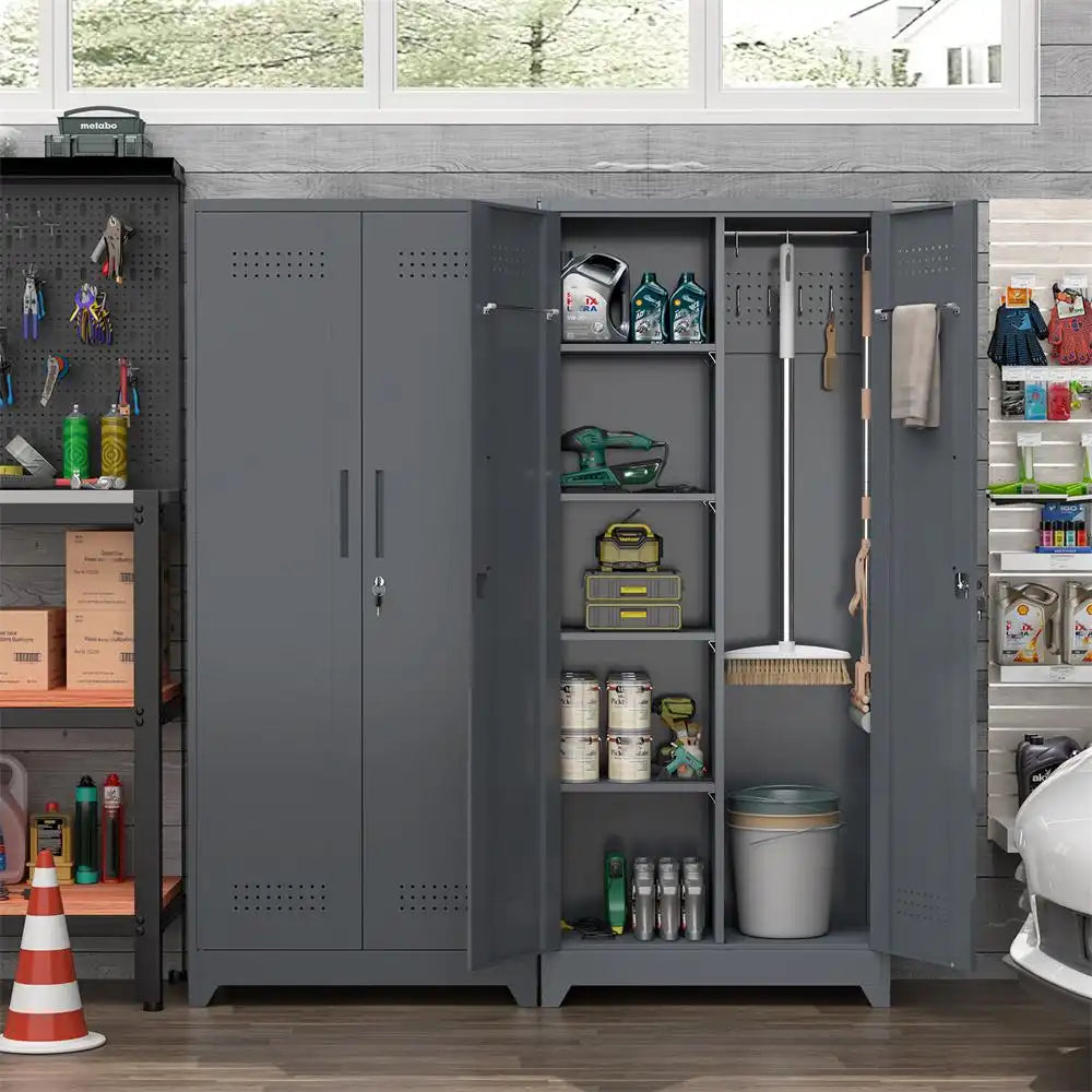 GREATMEET Broom Closet Storage Cabinet with Locking Doors, Metal Storage Cabinet with Hanging Rod,Garage Storage Cabinet with Hook,Cleaning Tool Cabinet