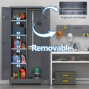 GREATMEET Broom Closet Storage Cabinet with Locking Doors, Metal Storage Cabinet with Hanging Rod,Garage Storage Cabinet with Hook,Cleaning Tool Cabinet