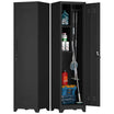mop and broom storage cabinet shown both closed with a secure lock and open to reveal internal storage space #black