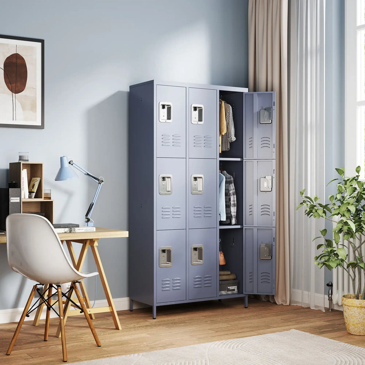 Versatile 9-door steel locker cabinet suitable for home storage. #grey