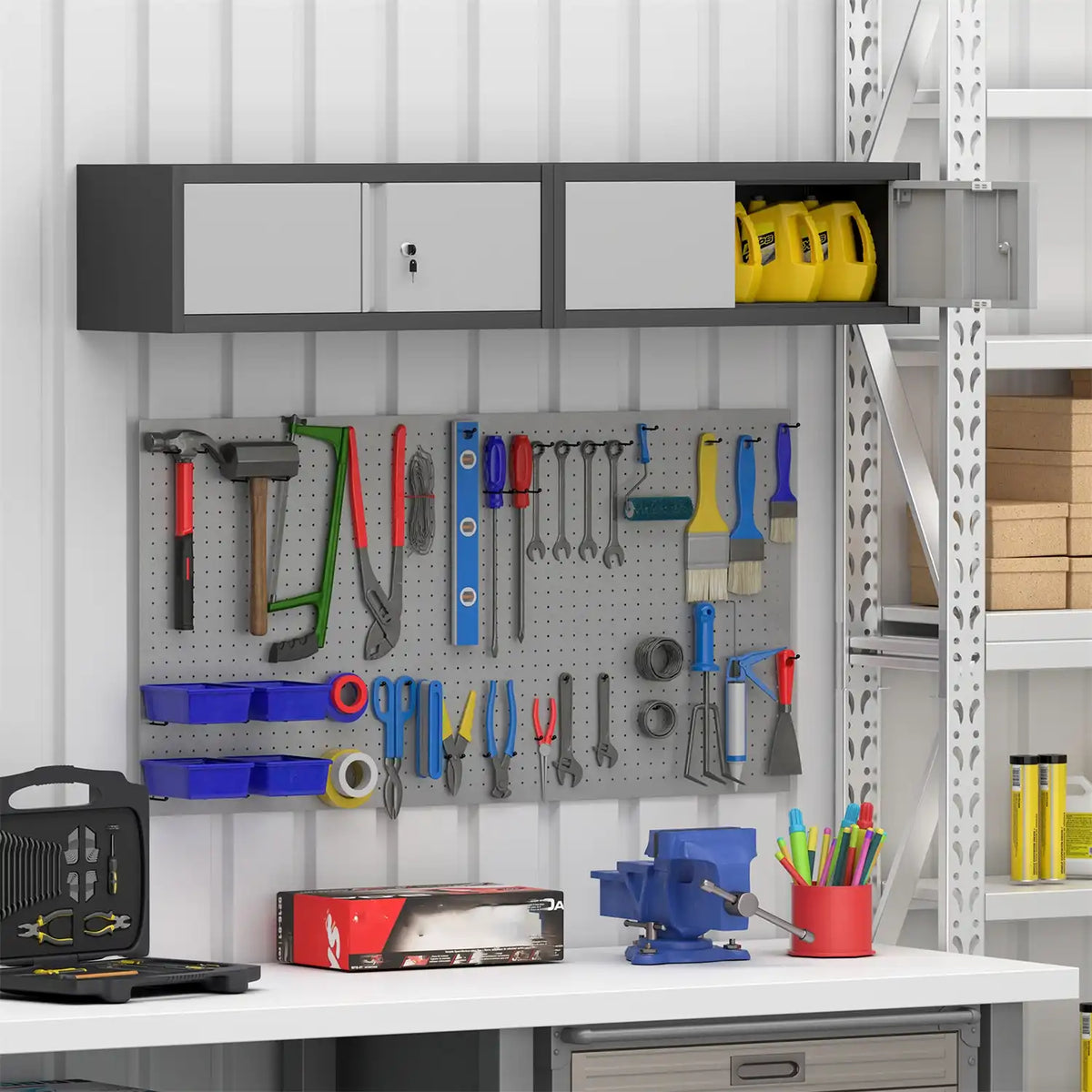 wall-mounted workshop cabinet installed in a clean garage environment for space-saving overhead storage #black+grey