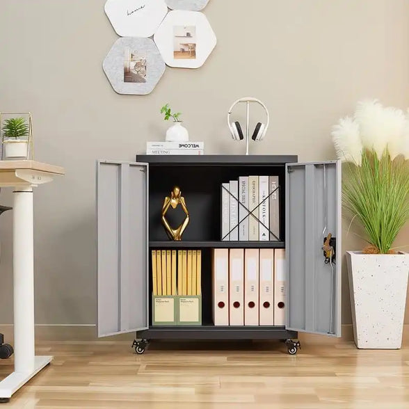 GREATMEET Steel Storage Cabinet with Wheels Suit for Home Office,Metal Cabinet with 1 Adjustable Shelf for Files