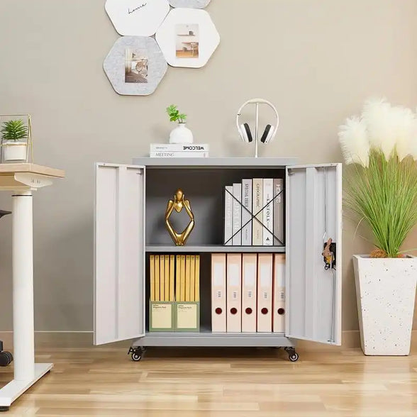 GREATMEET Steel Storage Cabinet with Wheels Suit for Home Office,Metal Cabinet with 1 Adjustable Shelf for Files