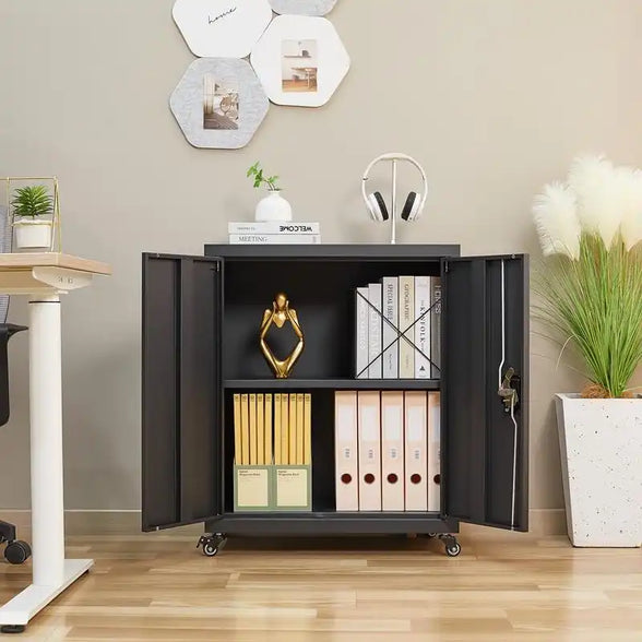 GREATMEET Steel Storage Cabinet with Wheels Suit for Home Office,Metal Cabinet with 1 Adjustable Shelf for Files