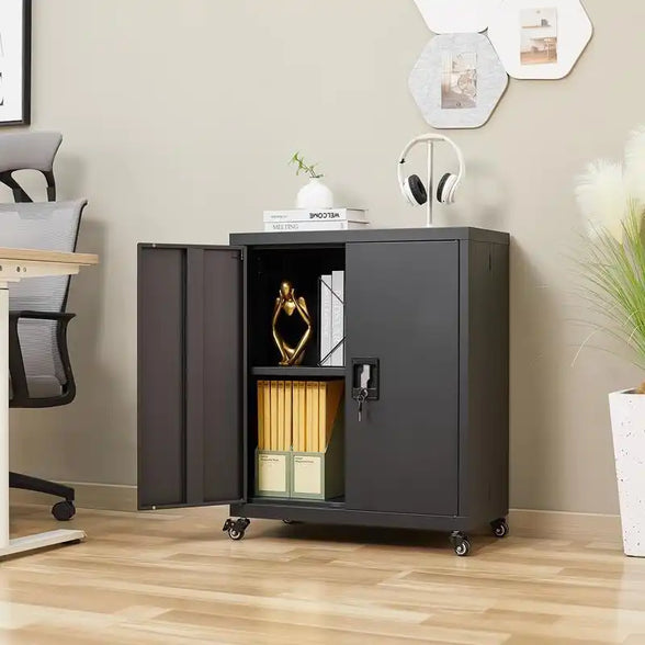 GREATMEET Steel Storage Cabinet with Wheels Suit for Home Office,Metal Cabinet with 1 Adjustable Shelf for Files
