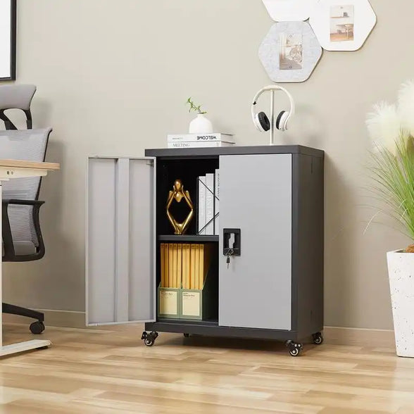 GREATMEET Steel Storage Cabinet with Wheels Suit for Home Office,Metal Cabinet with 1 Adjustable Shelf for Files