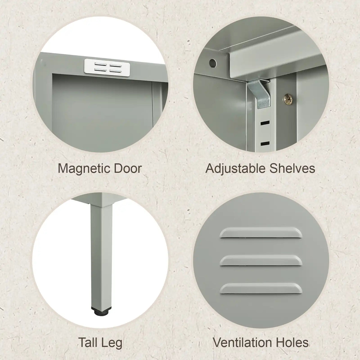 2-door steel cabinet with tall leg, adjustable shelves, magnetic door and ventilation holes.