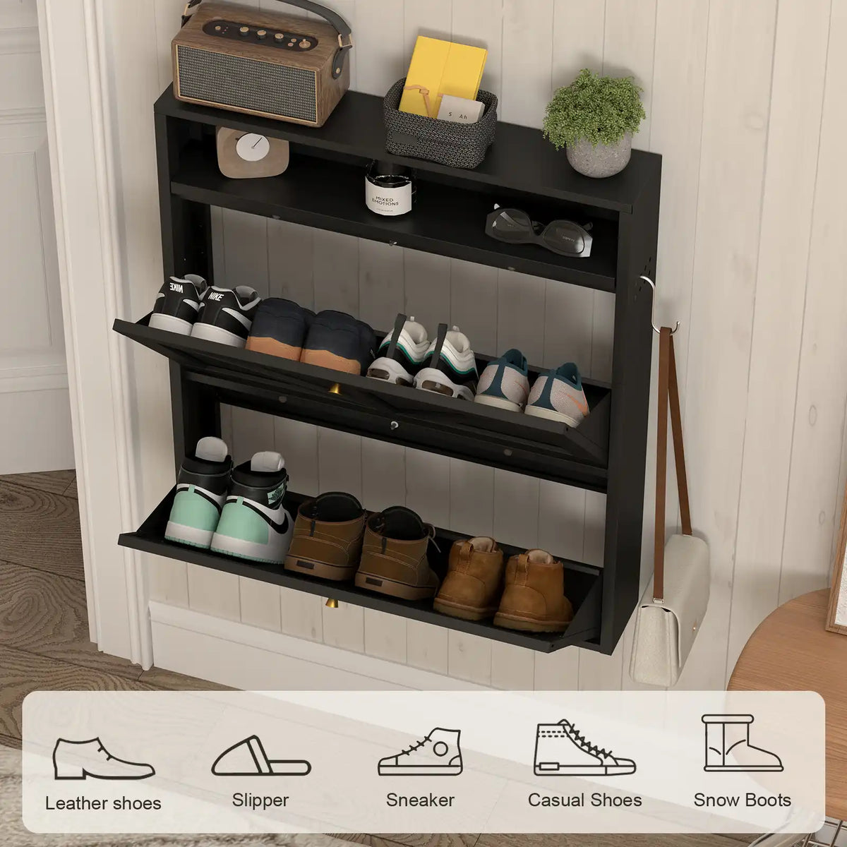 2-tier flip shoe storage cabinet open to reveal double-layer shoe storage shelves