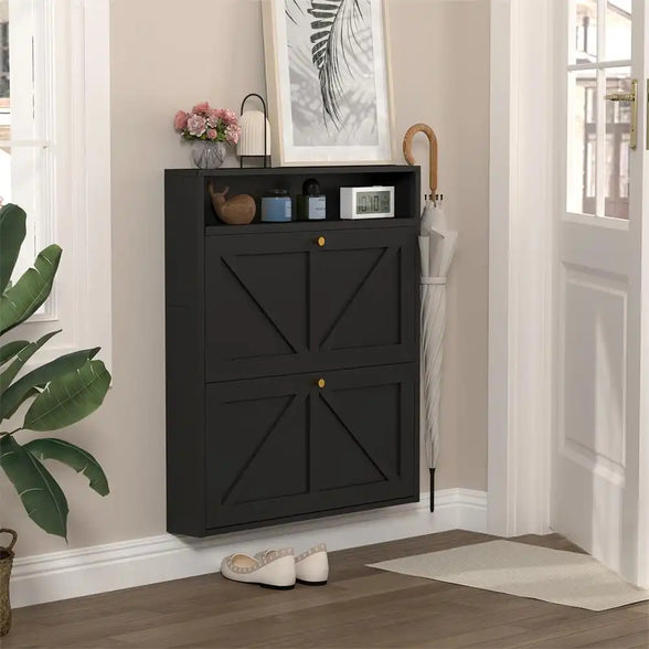 Shoe Cabinet with 2 Flip Drawers, Narrow Shoe Storage Organizer for Entryway and Hallway, Space-Saving Freestanding Shoe Rack