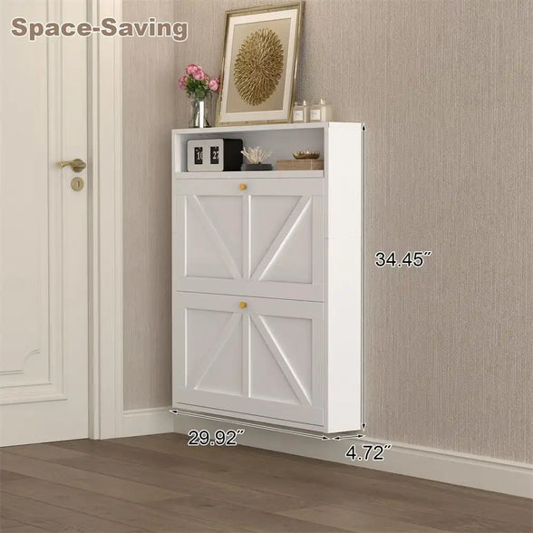 Shoe Cabinet with 2 Flip Drawers, Narrow Shoe Storage Organizer for Entryway and Hallway, Space-Saving Freestanding Shoe Rack