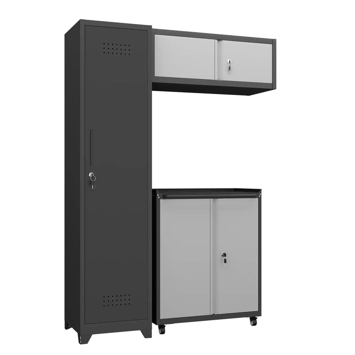 Greatmeet Modular Garage Cabinets System, 3-Piece Metal Lockable Storage Cabinet with Rolling Tool Cart & Wall Cabinet