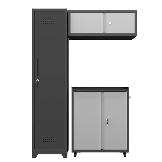 Greatmeet Modular Garage Cabinets System, 3-Piece Metal Lockable Storage Cabinet with Rolling Tool Cart & Wall Cabinet